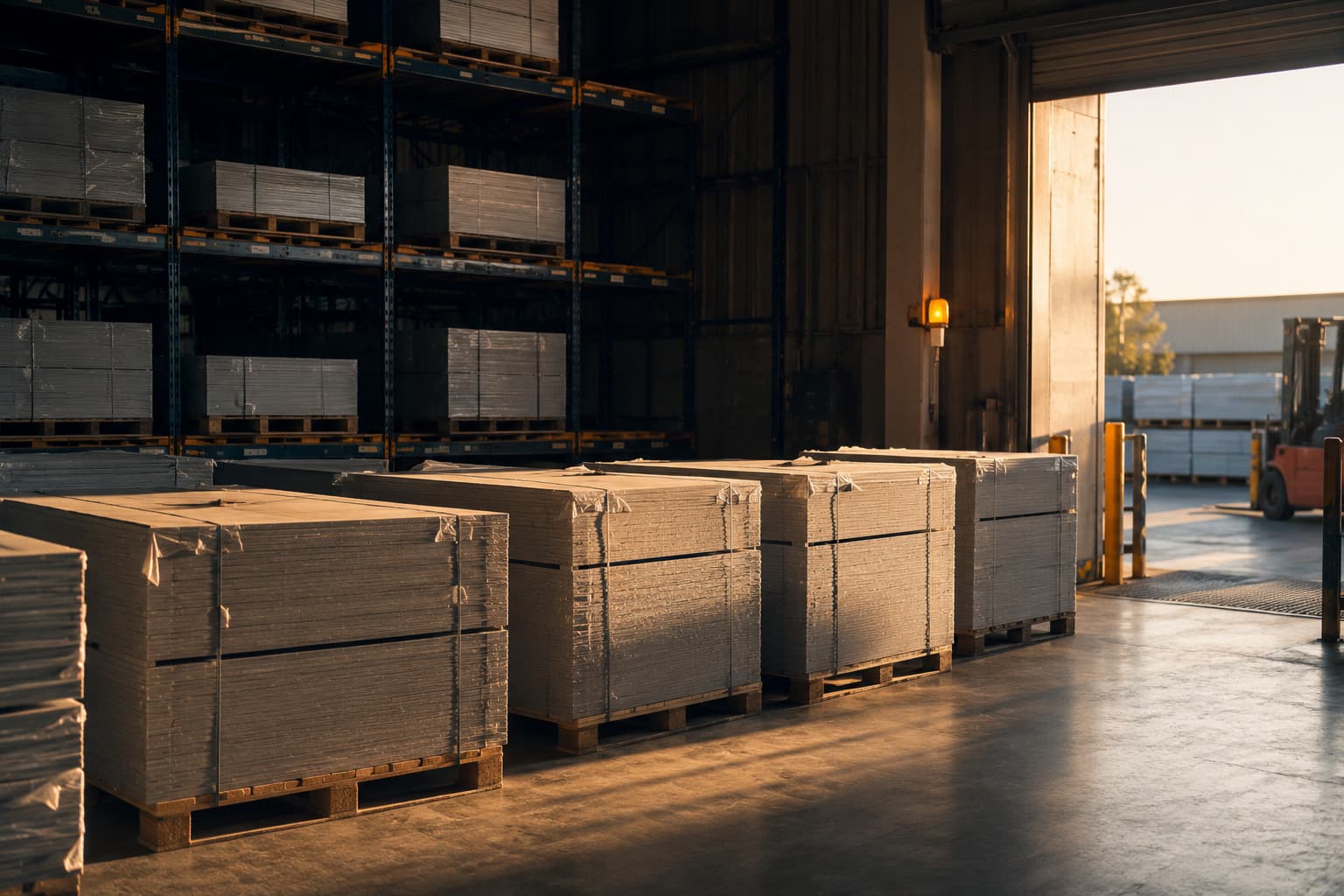 Outbound loading dock at the Knauf Pinkenba warehouse, pallets staged for dispatch with late-afternoon light from the open roller door.