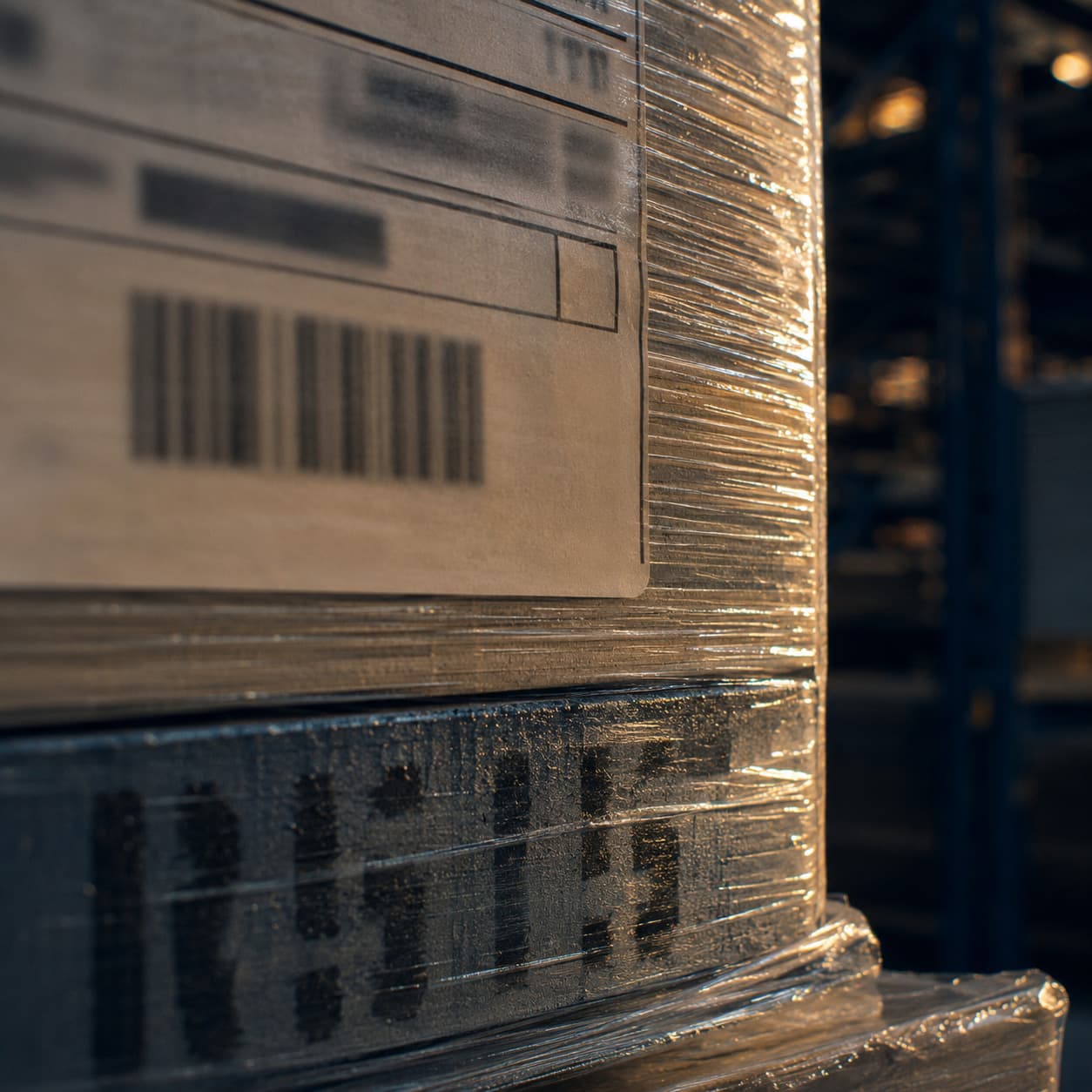 Close-up of a shipping label on a shrink-wrapped pallet of building materials.